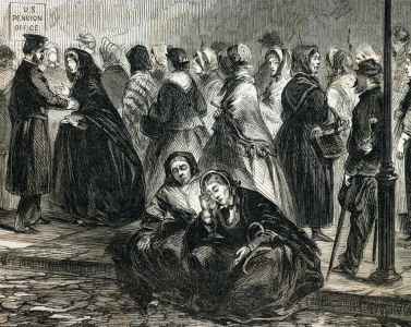 Waiting Lines at the United States Pension Office, New York City, April 1866, artist's impression, detail