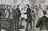 President Andrew Johnson being welcomed at Pier One, New York City, August 29, 1866, artist's impression.