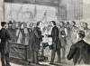 President Andrew Johnson being welcomed at Pier One, New York City, August 29, 1866, artist's impression, zoomable image.
