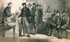 Military veterans receiving their pensions, New York City, March 1867, artist's impression.