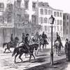 Union cavalry patrol New York City during the resumption of the Draft there, August 19, 1863, artist's impression