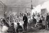 Accused Phoenix Bank embezzlers face Police Court, New York City, August 15, 1865, artist's impression
