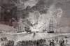 Explosion of the British merchant ship "Lottie Sleigh" in Liverpool Harbor, January 9, 1864, British artist's impression