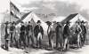 Loyal Dunkard pacifists receiving passes to go North, Harrisonburg, Virginia, October 1864, artist's impression, zoomable image