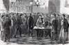 President Andrew Johnson issuing pardons to former Confederates at the White House, October 1865, artist's impression